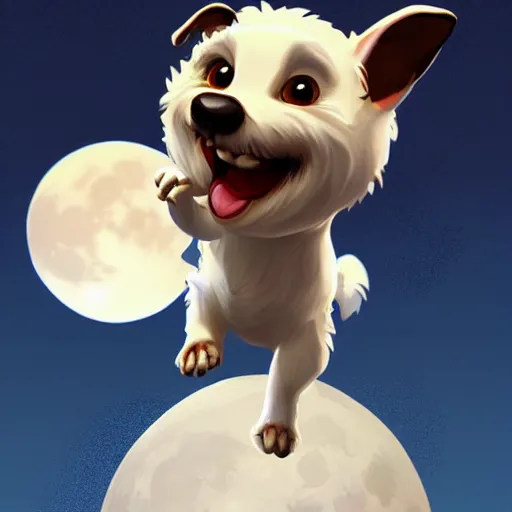 Prompt: cute jack black and white russel terrier jumping over a smiling moon, large round eyes, concept art, game art, character sheet, character design, by cory loftis and bill schwab
