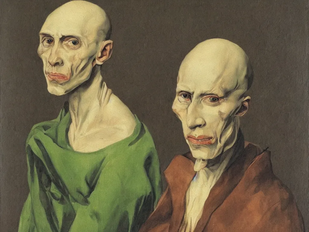 Image similar to Portrait of bald, bony, high cheekbones, primitive, green-eyed. Painting by Matthias Grünewald