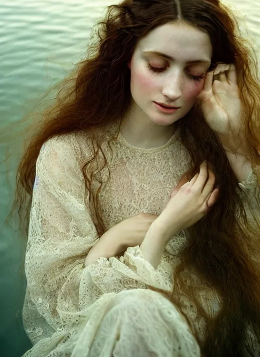 Prompt: Kodak Portra 400, 8K, soft light, volumetric lighting, highly detailed, britt marling style 3/4, Close-up portrait photography of a beautiful woman how pre-Raphaelites a woman with her eyes closed is surrounded by water , face is surrounded by fish, she has a beautiful lace dress and hair are intricate with highly detailed realistic beautiful flowers , Realistic, Refined, Highly Detailed, natural outdoor soft pastel lighting colors scheme, outdoor fine art photography, Hyper realistic, photo realistic