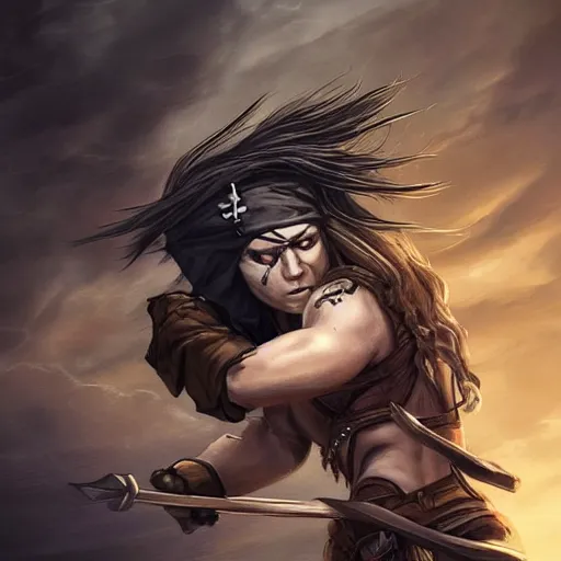 Image similar to a strong pirate woman in a sleeveless vest, angry, black lines running up her arms like veins, fighting, holding an axe of shadows, storm clouds in the background, long dark hair, character art, full body art, Dungeons and Dragons, D&D, trending on artstation, artgerm, 4k ultra hd, sharp focus, digital art by Ilya Kuvshinov and Ross Tran,