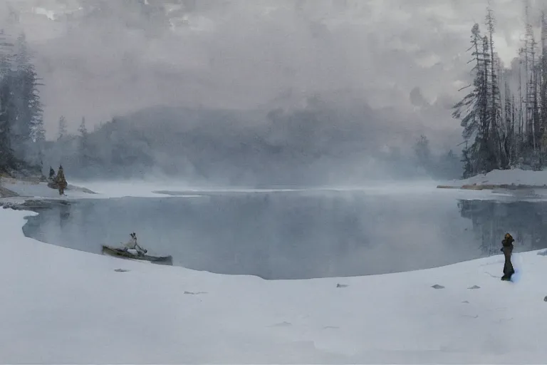 Image similar to watercolor painting of crystal clear ice lake, reflective, winter, fog and snowfall, ambient lighting, art by anders zorn and winslow homer, wonderful masterpiece by greg rutkowski, cinematic light, american romanticism by greg manchess, creation by tyler edlin