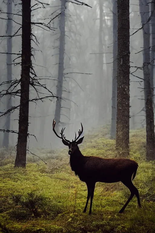 Prompt: beautiful photo of a stag with large antlers in a pine forest in the early ours of the morning with morning fog and dew on the grass. daylight. nature. photography. national geographic. 1 0 0 mm. f / 2. 5