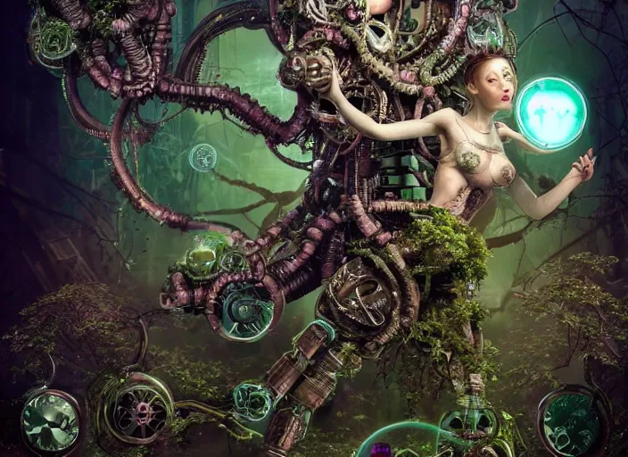 Image similar to intricate mechanical fairy with visible gears having tea with a cyborg gorgon medusa in a magical forest. Very detailed 8k. Fantasy cyberpunk horror. Sharp. Cinematic post-processing