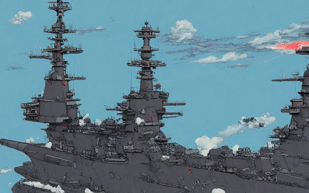 Image similar to japanese battleship yamato flying between the clouds, in the style of james jean and laurie greasley, dynamic composition, dramatic lighting, ultra detailed