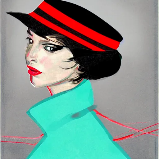 Image similar to elegant girl in a hat with red strip, digital art