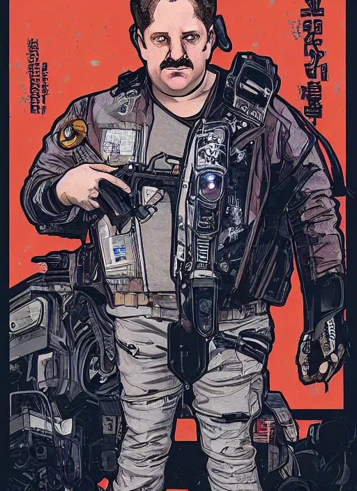 Prompt: cyberpunk paul blart using taser. portrait by ashley wood and alphonse mucha and laurie greasley and josan gonzalez and james gurney. spliner cell, apex legends, rb 6 s, hl 2, d & d, cyberpunk 2 0 7 7. realistic face. vivid color. dystopian setting.