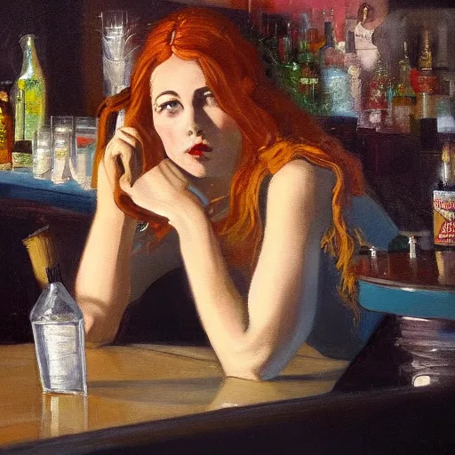 Image similar to a painting of a female drunk in a bar. by randolph hewton and edward robert hughes. trending on artstation, highly detailed, volumetric lightning, cinematic lightning
