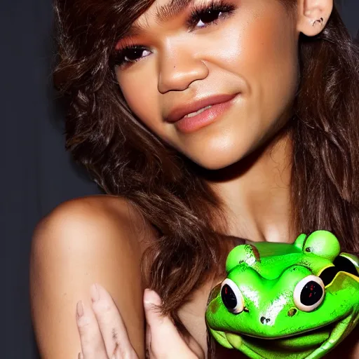 Prompt: ZENDAYA WITH A FROG'S BODY, frog arms frog legs frog torso frog spots, 4k PHOTOGRAPHY ,