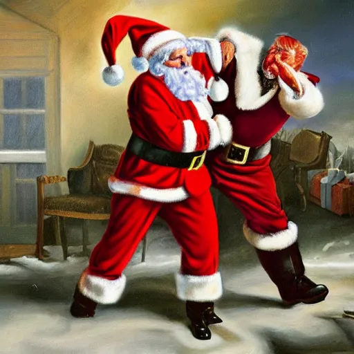 Prompt: detaile oil painting of santa claus beating up donald trump