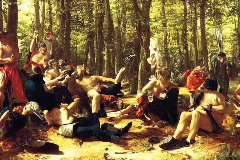 Prompt: mid - thirties guys binge drinking in a forest, in the style of skovgaard