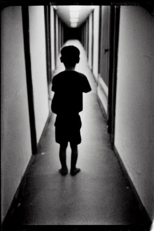 Image similar to photo polaroid of a sad and lonely child in the middle of a long corridor inside a prison, loneliness , black and white ,photorealistic, 35mm film,