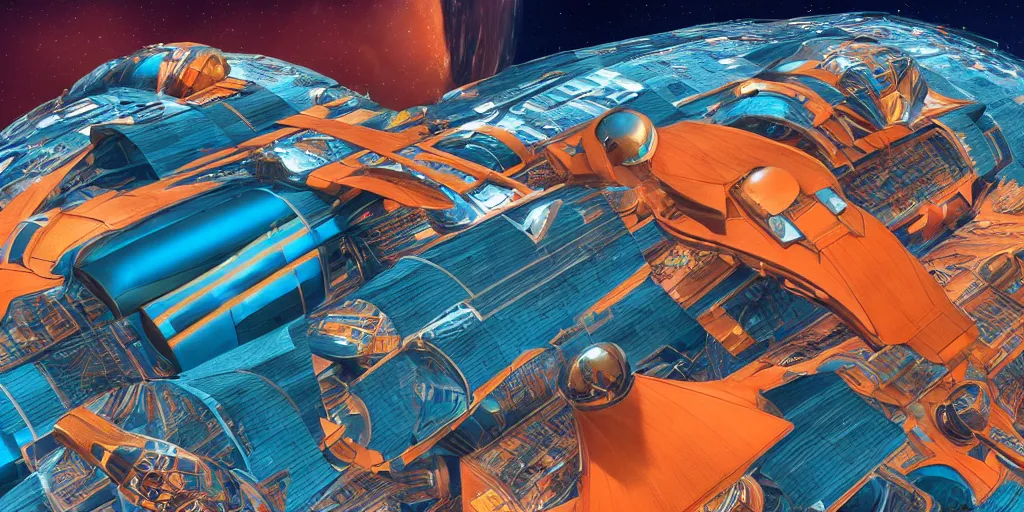 Image similar to cinematic still of hyper detailed realistic afro futurist spaceport designed by frank lloyd wright architect, retro flying aircraft cyborgs, deep perspective, wide angle, insanely detailed and intricate, teal gold and orange color scheme,