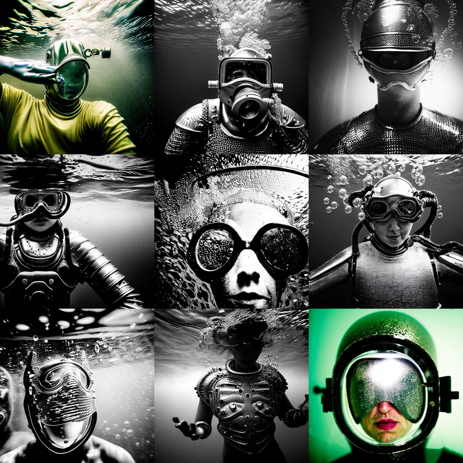 Image similar to Underwater photo of a stylish person in metal armor by Trent Parke, staring at a camera through a visor, close up, huge bubbles, metallic patterns, clean, detailed