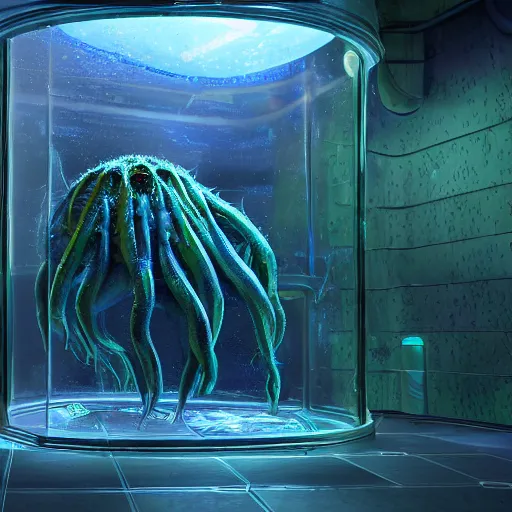 Prompt: slimy wet cthulhu scorpion lovecraft alien tarantula blob monster trapped inside a large transparent science fiction mass effect glass containment chamber filled with blue liquid in a furnished science fiction spaceship laboratory, dramatic lighting, octane, red led lights, lens flare, trending on artstation, volumetric lighting — w 6 4 0