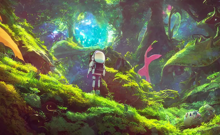 Image similar to a still of a cute adorable tiny astronaut, on a planet of lush colorful foliage surrounded by monster dragons, magical forest, sharp focus, neon backlit, highly detailed, disney pixar studio ghibli makoto shinkai, digital painting, matte, octane render, cinematic volumetric lighting, global illumination, iridescent, anime, 8 k concept art