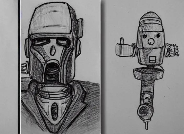 Image similar to drawing, scribble, sketch of a robot sci - fi war lord smoking cigar