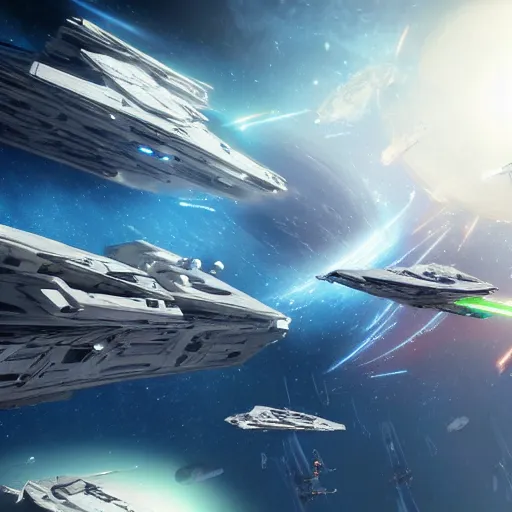 Prompt: space battle between huge ships, star wars, futurism, scifi, rendered scene, computer graphics, 3 d render, spaceship, rendered scene, concept art, epic, concept, large scale, very high quality, super high resolution, scifi, space, ship, render
