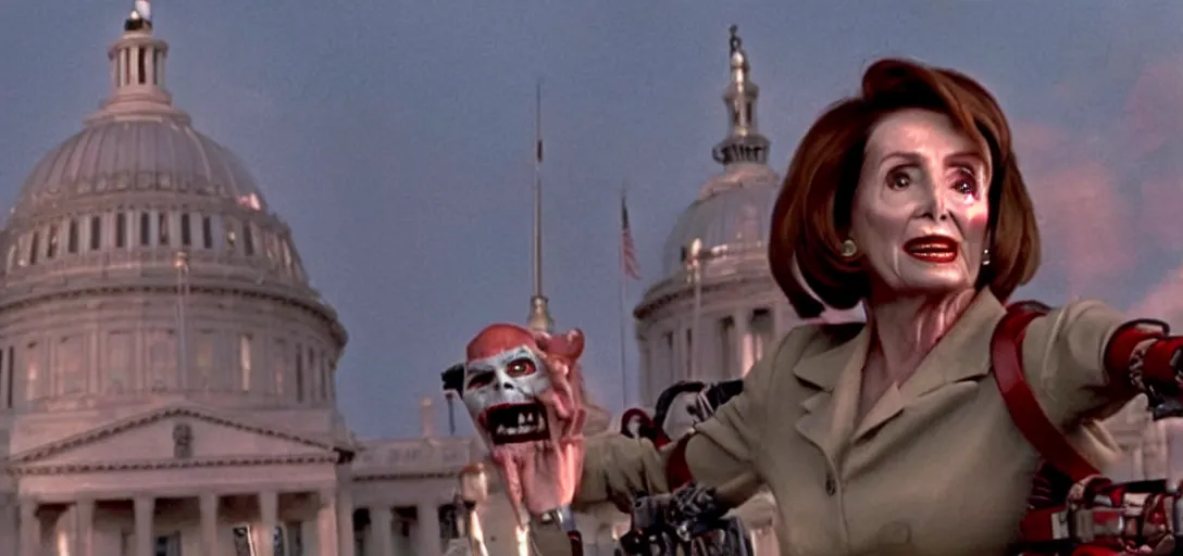 Prompt: film still of nancy pelosi as zuul in ghostbusters. on top of building with gargoyles at her side.