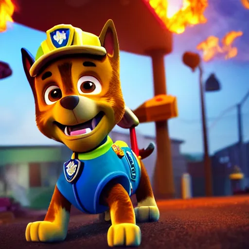 Prompt: marshall from paw patrol using a water hose to extinguish the burning paw patrol base flames, movie poster, intricate detail, 8 k, trending on artstation, octane render