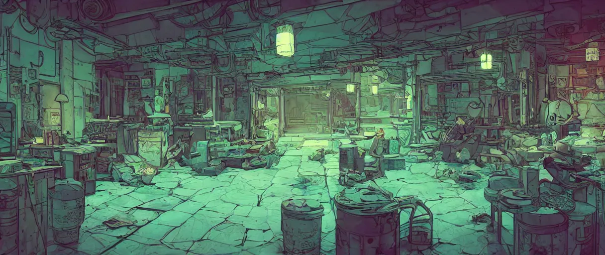 Image similar to abandoned laboroatory faded out colors place mosquet painting digital illustration hdr stylized digital illustration video game icon global illumination ray tracing advanced technology that looks like it is from borderlands and by feng zhu and loish and laurie greasley, victo ngai, andreas rocha, john harris