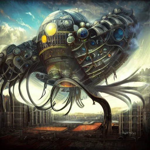 Image similar to flying lotus steam fortress, fantasy art, urban, sky in the background, detailed, behrens style