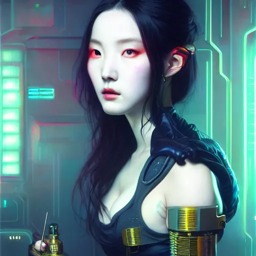 Prompt: portrait painting of sunmi as a cyberpunk technician, ultra realistic, concept art, intricate details, eerie, highly detailed, photorealistic, octane render, 8 k, unreal engine. art by artgerm and greg rutkowski and magali villeneuve and alphonse mucha