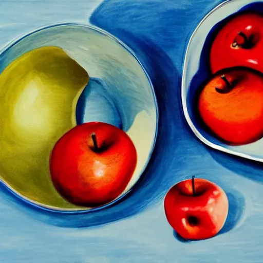 Prompt: of a blue apple in bowl of red apples