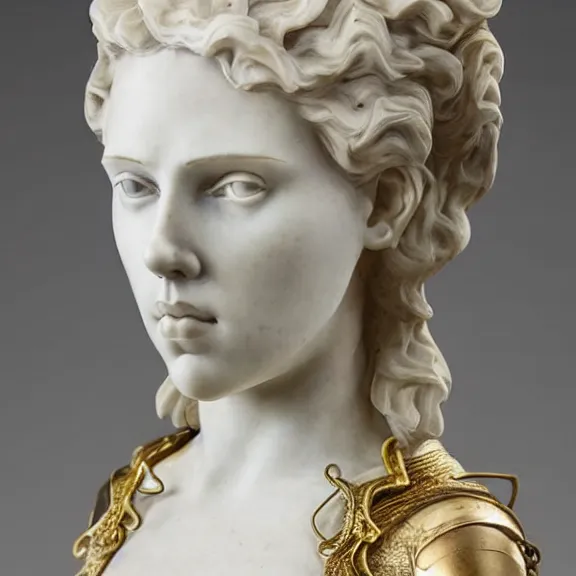 Image similar to a white art nouveau marble sculptural bust of a worried young scarlett johansson as joan of arc with long, flowing hair, wearing intricate gold plate armor on her chest, delicate, intricate, smooth, beautiful, by charles van der stappen