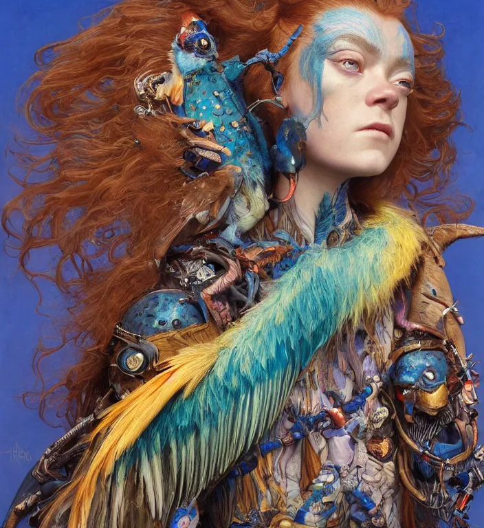 Image similar to a portrait photograph of a meditating fierce sadie sink as a colorful harpy bird super hero with blue mutated skin. she has animal skin grafts and cyborg body modifications and implants. by donato giancola, hans holbein, walton ford, gaston bussiere, peter mohrbacher and brian froud. 8 k, cgsociety, fashion editorial