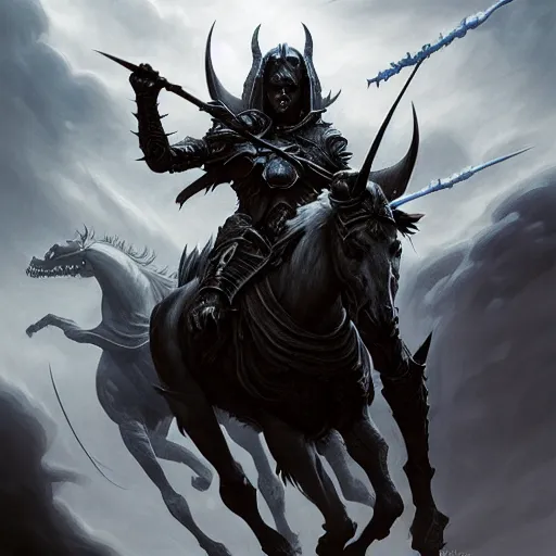 Image similar to concept art by artgerm, death of the four horsemen of the apocalypse, soft grey and blue natural light, intricate, queen of death riding, highly detailed dark art, digital painting, artstation, concept art, smooth, sharp focus, illustration, art by greg rutkowski and luis rollo and uang guangjian and gil elvgren, symmetry!