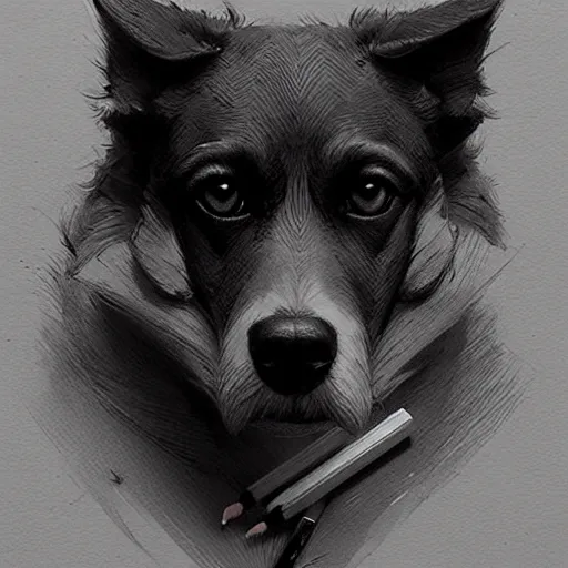 Image similar to a dog with a pencil, art by greg rutkowski, intricate, elegant, highly detailed, smooth, sharp focus, artstation