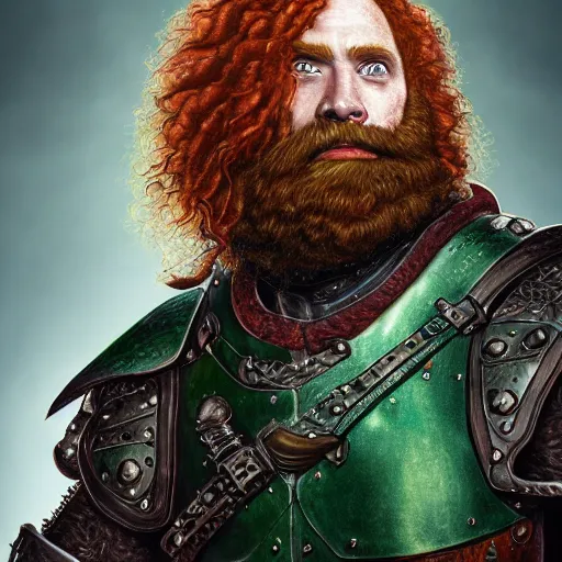 Image similar to portrait of a red haired dwarf - long curly hair, full beard, scar on the forhead, wearing leather armor with green accents, battleaxe on his back art by disney, digital art, highly detailed, intricate, sharp focus, 4 k uhd image