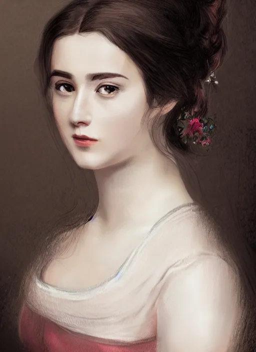 Image similar to a photograpic portrait of young woman, pride and prejudice, realistic, with kind face, dark hair, georgian dress, intricate, elegant, highly detailed, digital painting, smooth, sharp focus