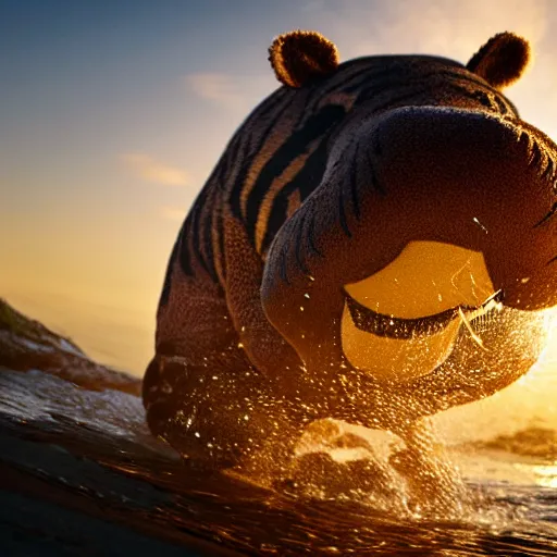 Image similar to a closeup photorealistic photograph of a cute smiling knitted tiger hippopotamus chasing a beachball at sunset. surf in the background. professional capture. this 4 k hd image is trending on artstation, featured on behance, well - rendered, extra crisp, features intricate detail, epic composition and the style of unreal engine.