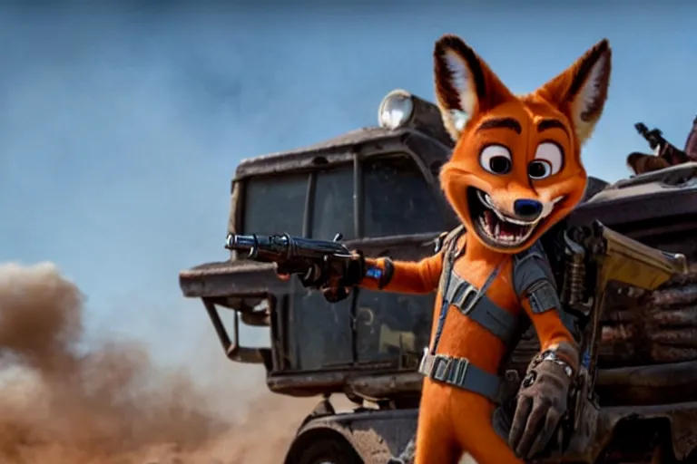 Image similar to nick wilde, heavily armed and armored facing down armageddon in a dark and gritty reboot from the makers of mad max : fury road