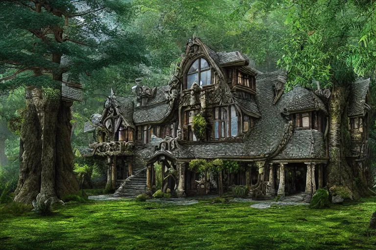 Image similar to photograph of a fantasy style woodland mansion in an ancient forest