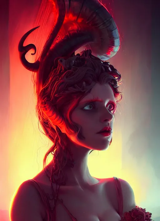 Prompt: full face epic portrait, victorian gothic succubus, horn, matte painting concept art, midjourney, beautifully backlit, swirly vibrant color lines, majestic, cinematic aesthetic octane render, 8 k hd resolution, by ilya kuvshinov, artgerm, darius zawadzki and zdizslaw beksinski