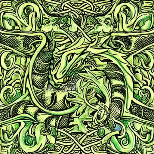 Image similar to green dragon surrounded by rose pattern, by mc escher, intricate, elegant