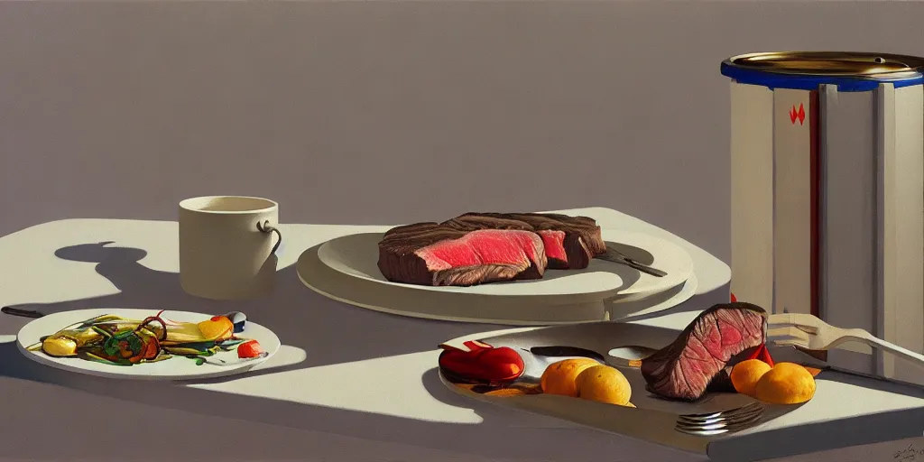 Image similar to an achingly beautiful still life featuring steak very coherent, painted by Edward Hopper, Wayne Barlowe, painted by James Gilleard, airbrush, art by JamesJean