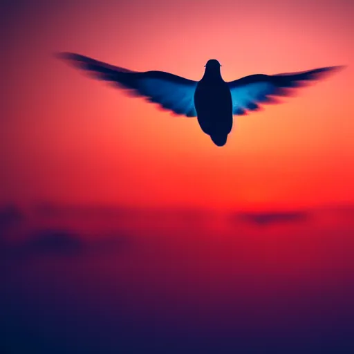 Image similar to Realistic shot of a dove flying over the clouds at sunset, ethereal, vintage photograph, film grain, surreal, awe-inspiring, highly detailed