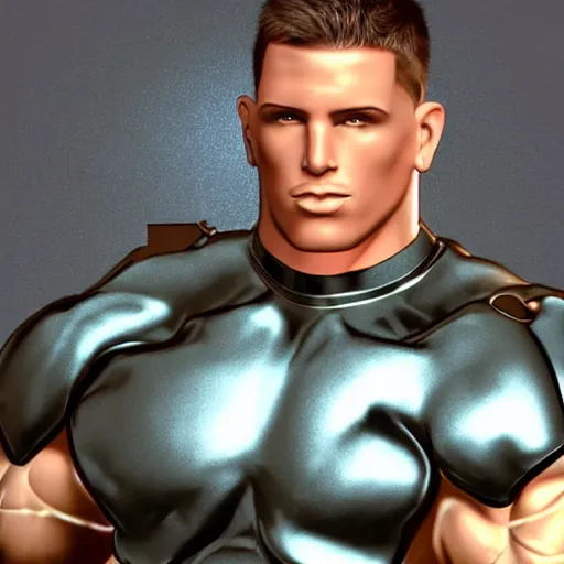 Image similar to a realistic detailed photo of a bodybuilder who is also a male android Chris Redfield, shiny skin, posing robotically, blank stare