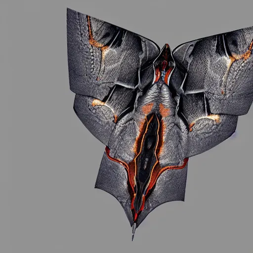 Image similar to a mechanized atlas moth, gunmetal grey, very symmetrical, orthographic view, top down view, bottom view, side view, blueprints, mecha, jet fighter, cybernetic, robotic, highly detailed, artstation, autodesk maya, super realistic, unreal engine