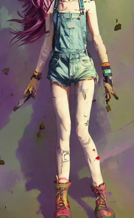 Prompt: a cute grungy alternative woman with rainbow hair, drunk, angry, soft eyes and narrow chin, dainty figure, long hair straight down, torn overalls, short shorts, combat boots, basic white background, side boob, symmetrical, single person, style of by Jordan Grimmer and greg rutkowski, crisp lines and color,