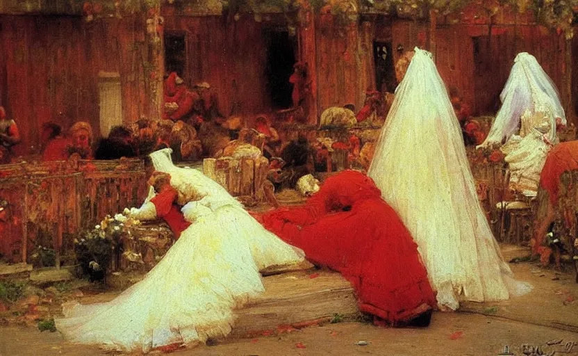 Image similar to high quality high detail painting by ilya repin, brides in a blood flooded house, hd