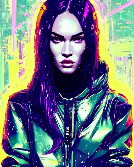 Image similar to detailed megan fox portrait neon operator girl, cyberpunk futuristic neon, reflective puffy coat, decorated with traditional japanese ornaments by ismail inceoglu dragan bibin hans thoma greg rutkowski alexandros pyromallis nekro rene maritte illustrated, perfect face, fine details, realistic shaded, fine - face, pretty face