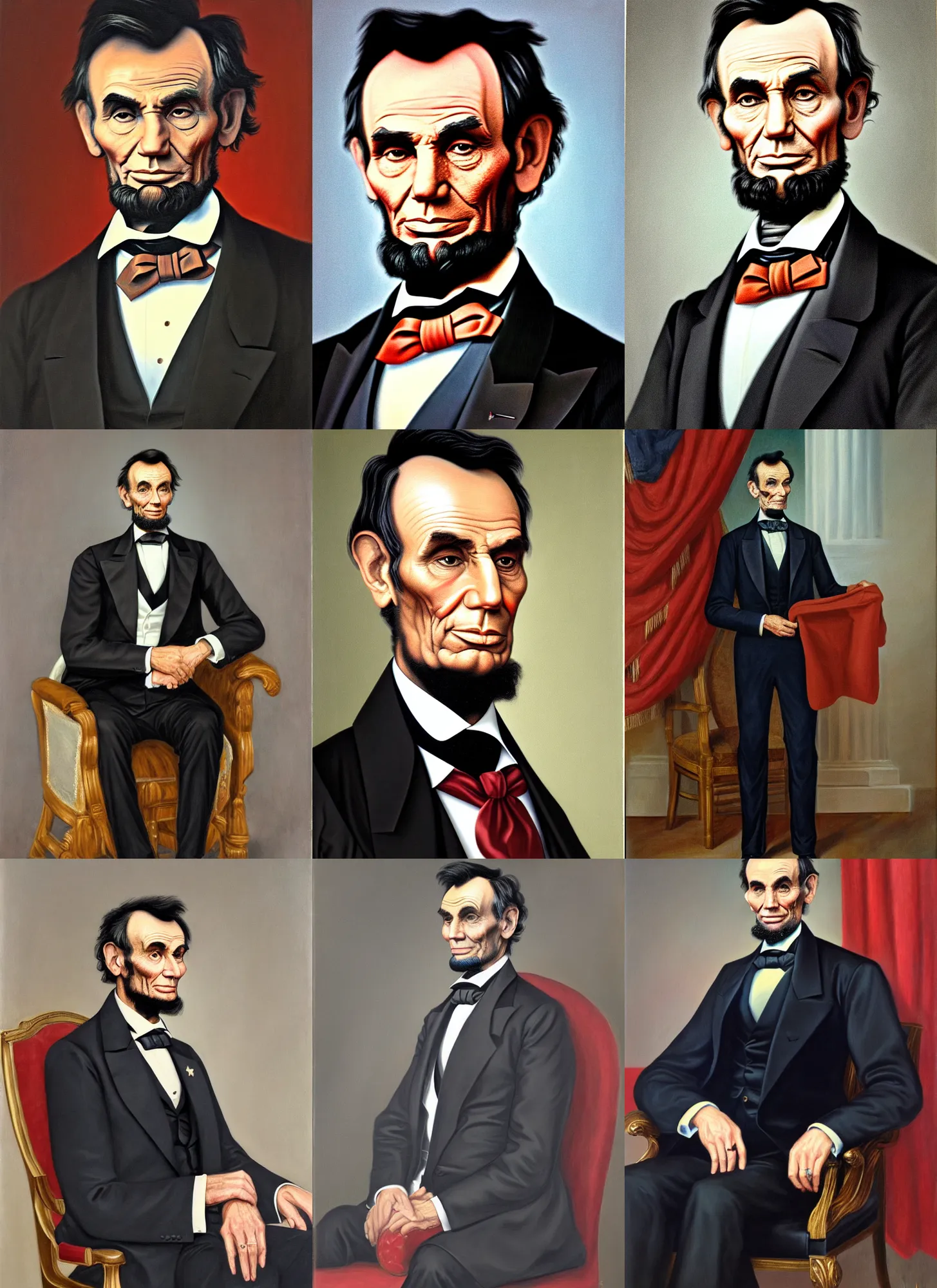 Prompt: official portrait of Abraham Lincoln wearing modern suit, 40th President of the United States, 1980-1988. Portrait by James Anthony Wills. Oil on panel. White House Collection/White House Historical Association