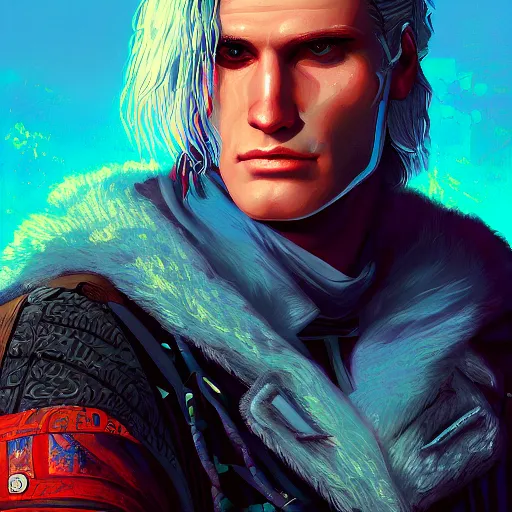 Image similar to Lofi vaporwave cyberpunk portrait of Geralt of Rivia, closeup, Tristan Eaton, Tom Bagshaw