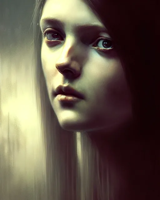 Prompt: realistic portrait of a maiden, by greg rutkowski, seb mckinnon, matte painting, delicate, facing the camera, mysterious, hyper realism, 1 4 5 0, ink, ultra realistic, 8 k