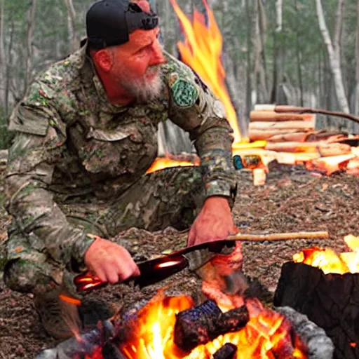 Prompt: veteran special operations officer living off the grid cooking at a campfire