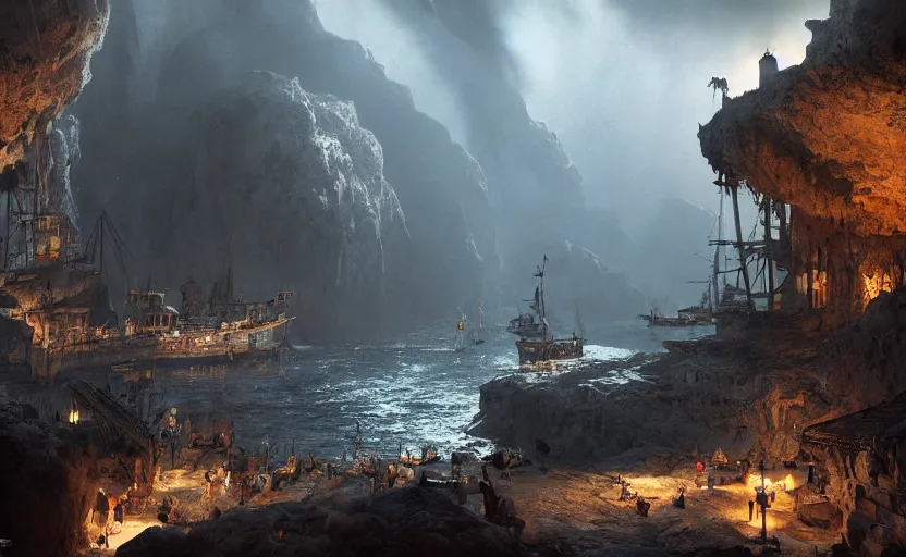 Image similar to A secret pirate town and harbor, in a cave. Underexposed, dark, centered. Atmospheric matte painting by Darek Zabrocki and Emmanuel Shiu, 4k ultra detailed, cinematic.